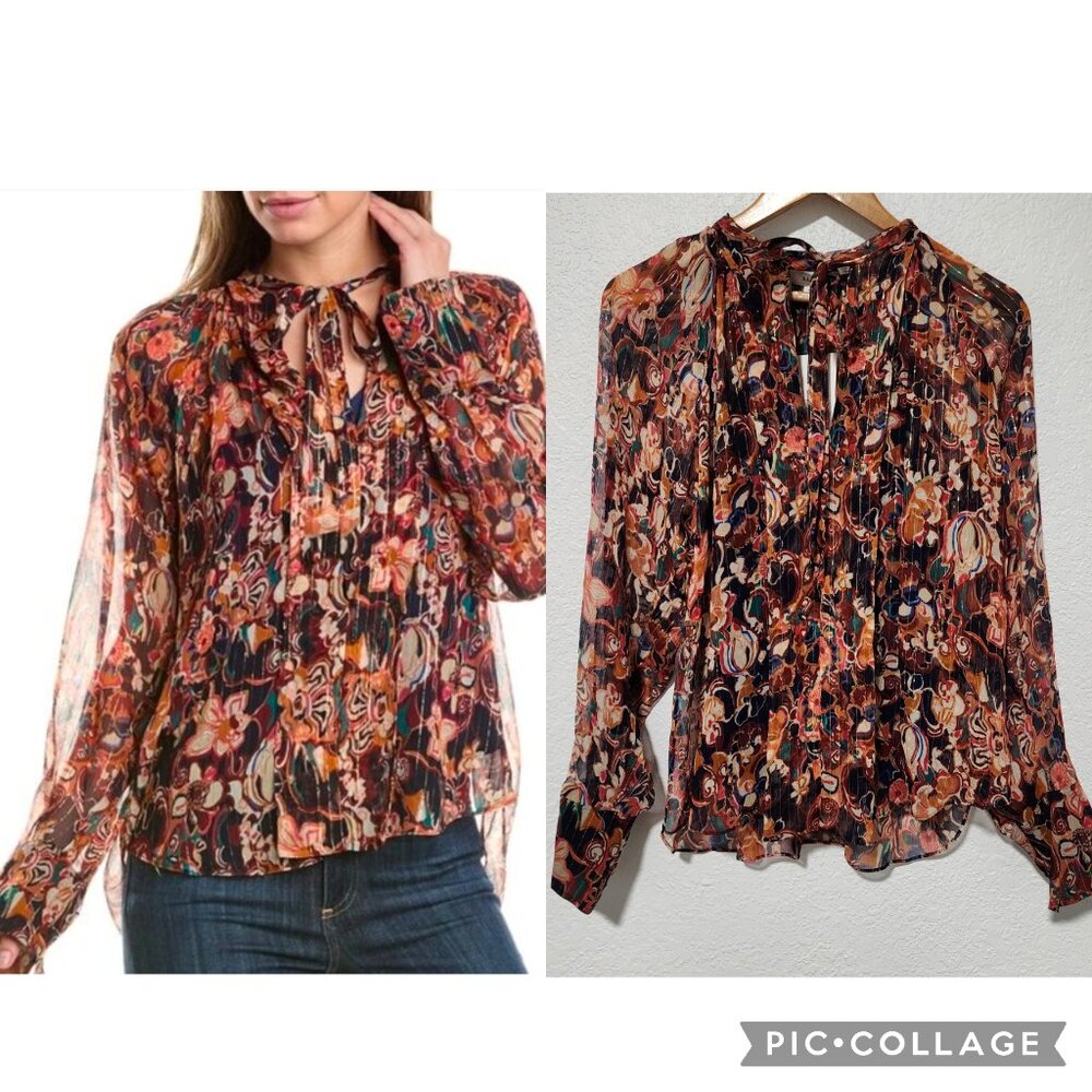 A.L.C Silk chiffon Metallic Blouse Floral Abstract Tie-Neck Medium Luxury NTW